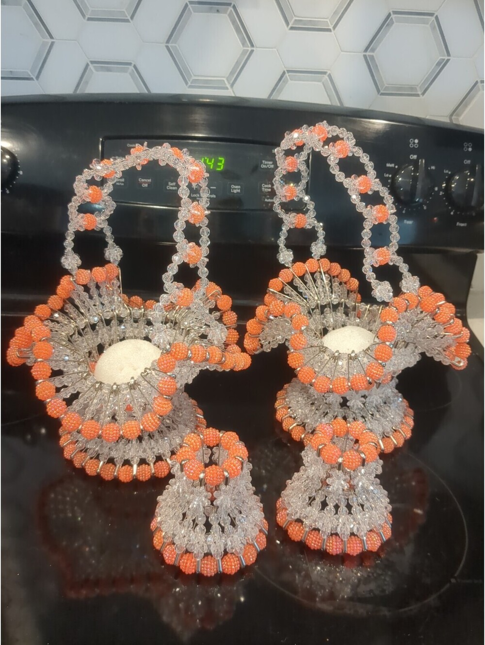 Vintage Safety Pin & Bead Basket X2 & Candle Holders Craft Art Clear Orange 12"